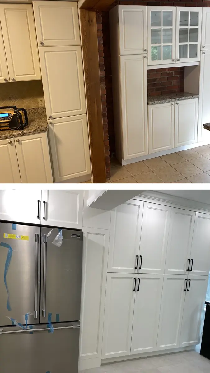 Before-and-after painted kitchen cabinetry during an interior renovation