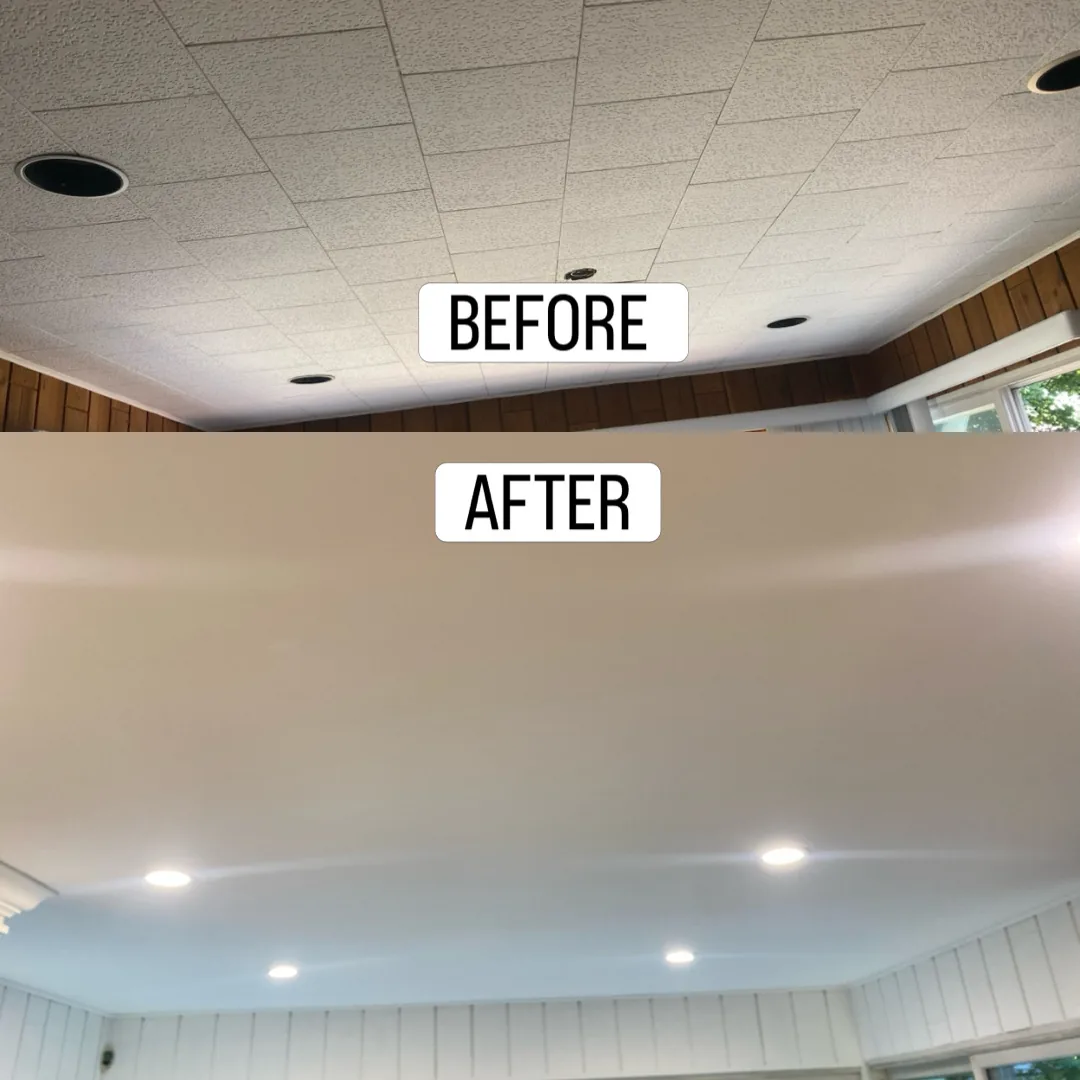 Before and after of a textured tile ceiling replaced with a smooth painted ceiling and recessed lights in a Hamilton home