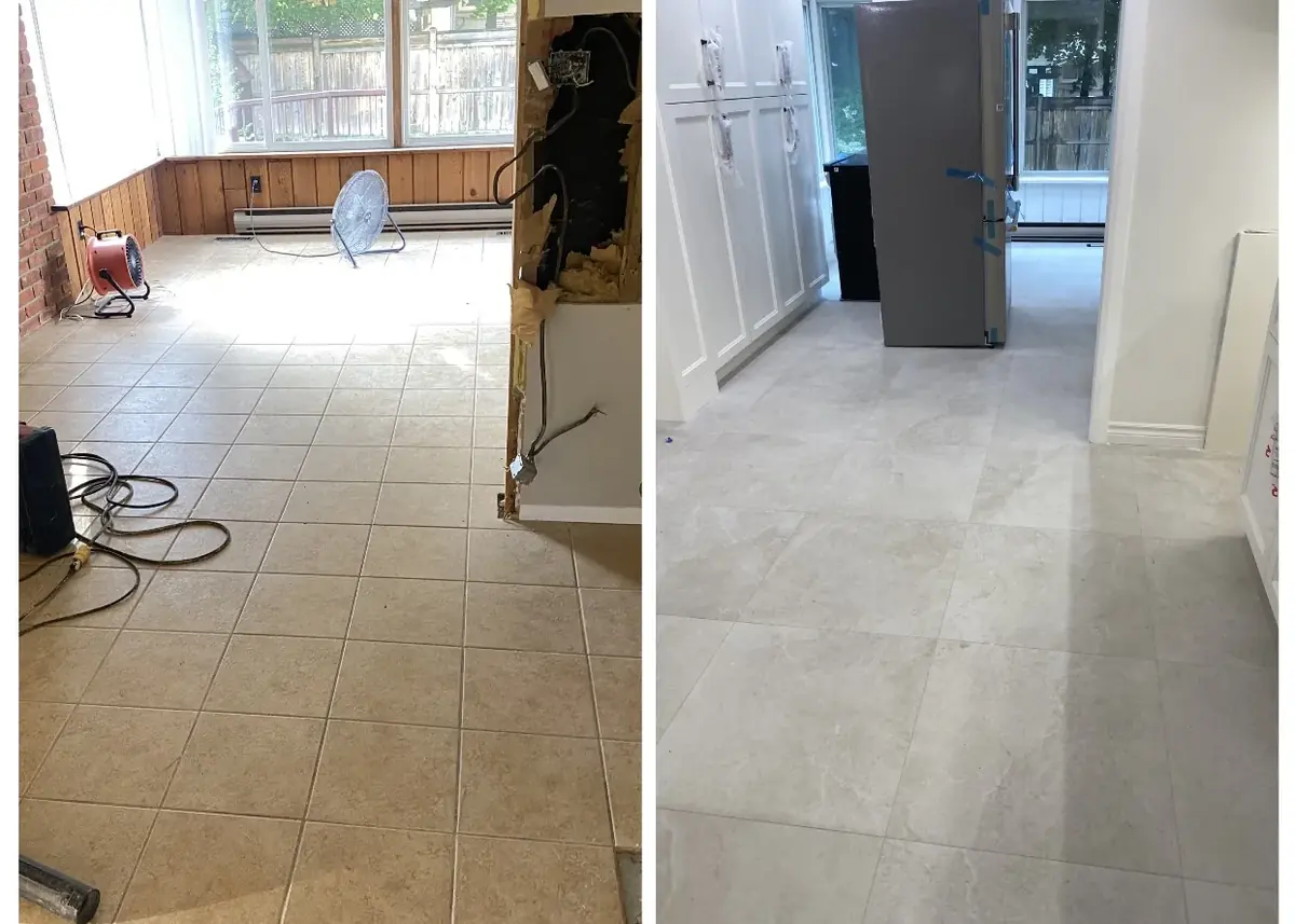 Before-and-after kitchen floor renovation showing new large-format tile