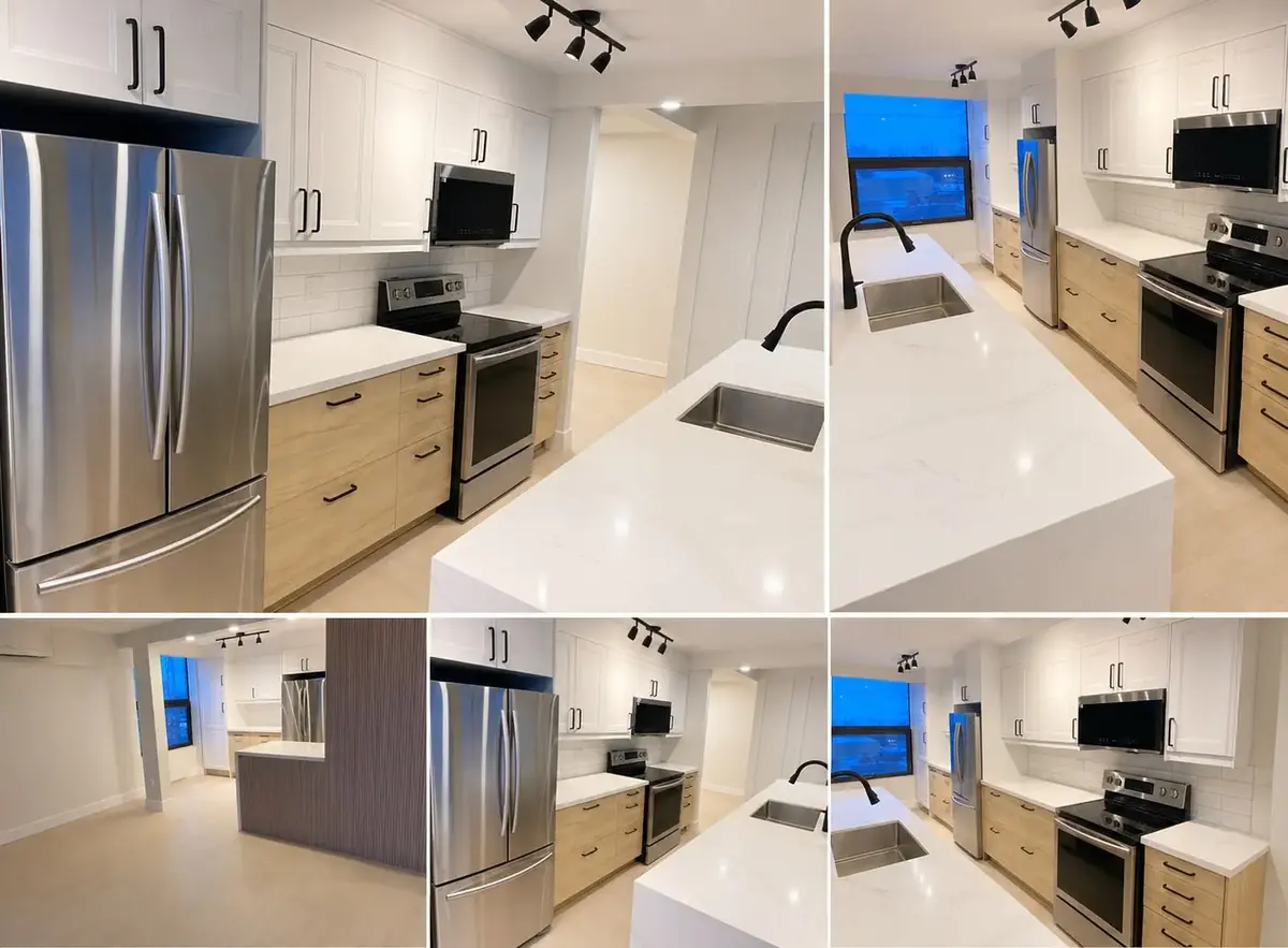 Completed kitchen renovation in Hamilton showing fridge, cabinetry, quartz island and full room views
