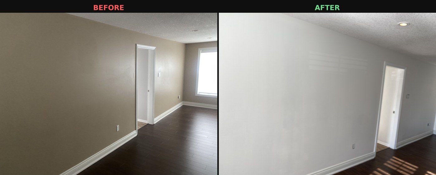 Before and after interior painting of a bedroom wall in Hamilton, from taupe to a crisp white finish