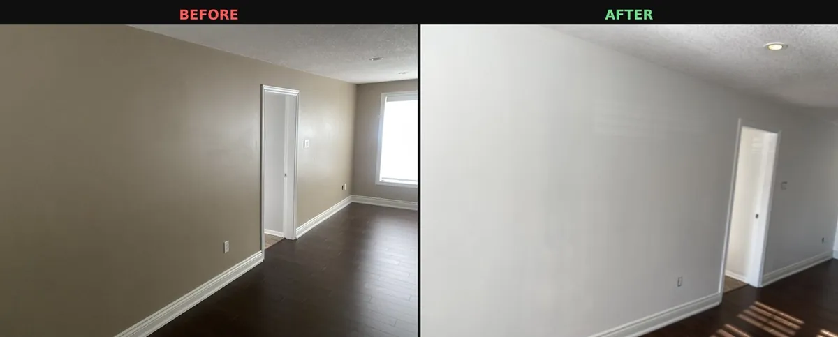 Before and after interior painting of a bedroom wall in Hamilton, from taupe to a crisp white finish